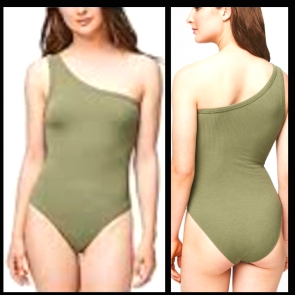Olive Green Ribbed One Shoulder Tanktop Bodysuit XL New